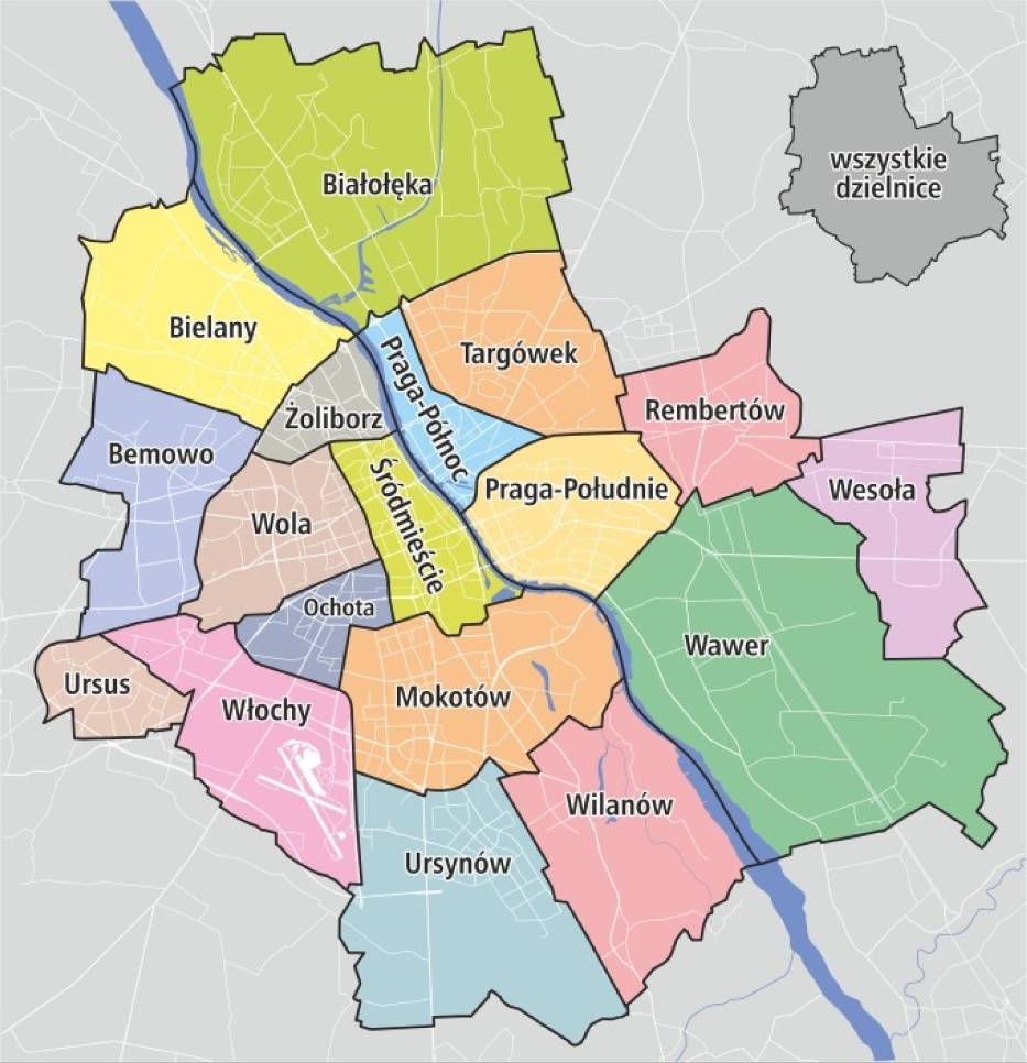 Mapa Warszawy z podziałem na dzielnice i zaznaczoną Wisłą